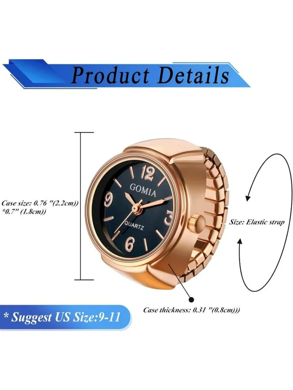 Unisex Rose Gold Analog Quartz Stretchy Elastic Band Analogue Finger Ring Watch